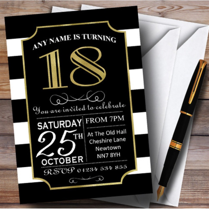 Black and White Stripy Gold 18th Personalised Birthday Party Invitations – The Card Zoo