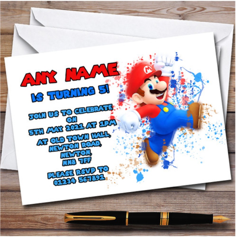 Super Mario Splatter Art Personalised Children’s Kids Birthday Party Invitations – The Card Zoo