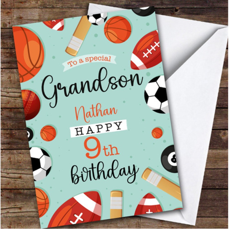 9th Grandson Sports Football Rugby Cricket Balls Boys Personalised Birthday Card – The Card Zoo