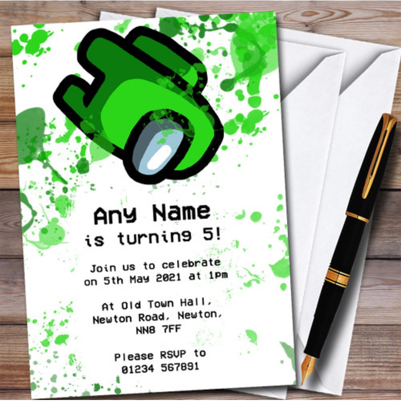Among Us Green Splatter Art Children’s Personalised Birthday Party Invitations – The Card Zoo