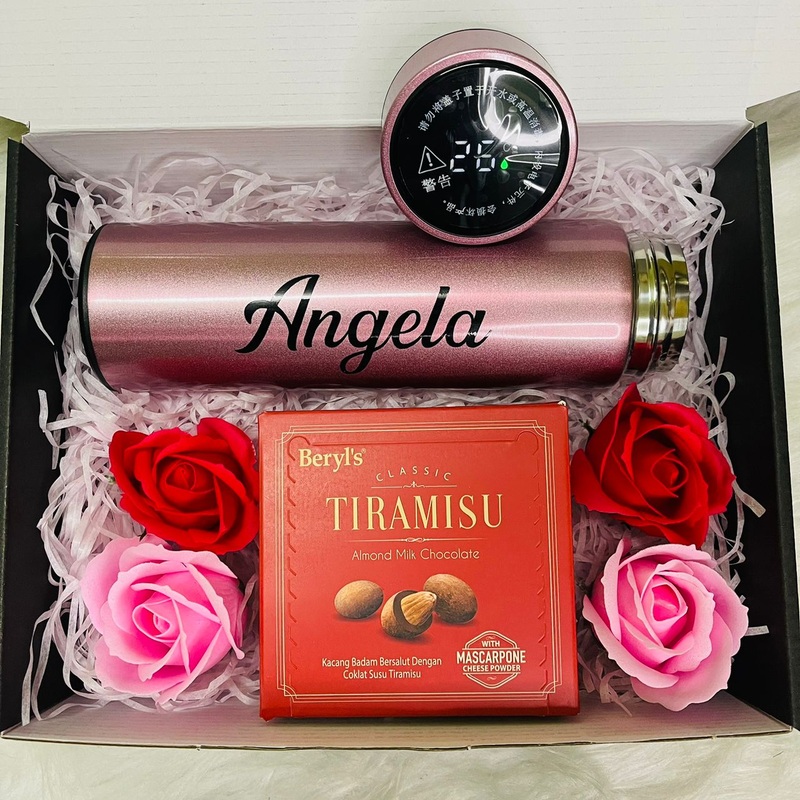 ‘ Personalized Thermos Flask Bottle With Tiramisu Chocolate, Rose Soap Flowers & LED Lights Gift Box (Nationwide Delivery)