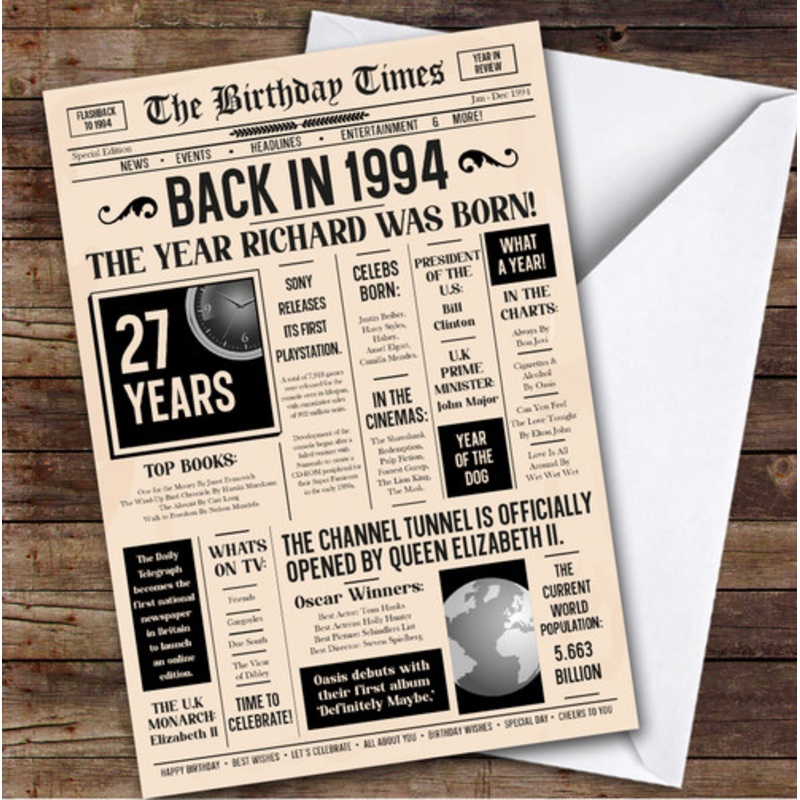 1994 Newspaper Any Age Any Year You Were Born Facts Personalised Birthday Card – The Card Zoo