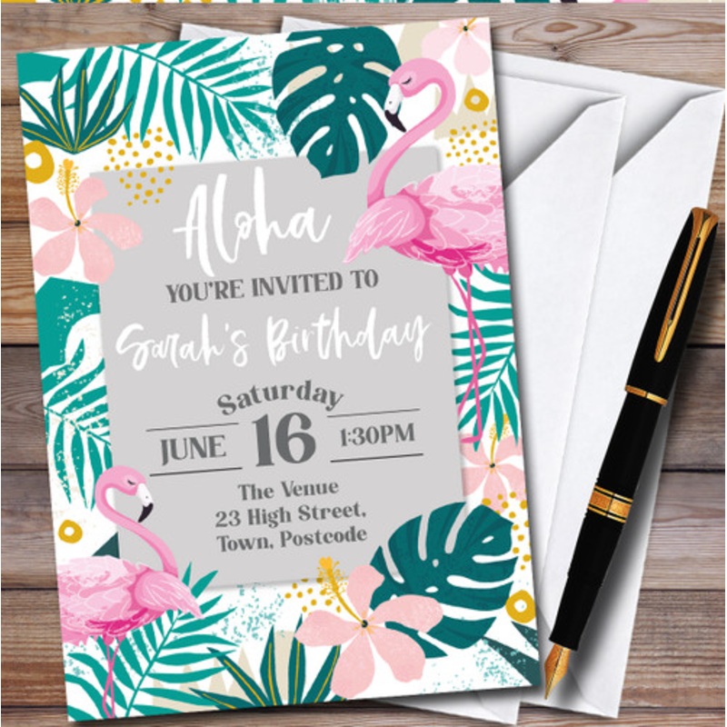 Tropical Leaves Pink Flamingos Aloha Personalised Birthday Party Invitations – The Card Zoo
