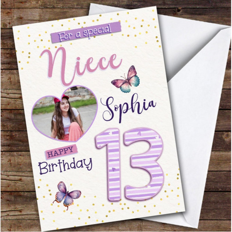 13th Niece Purple Butterflies Heart Photo Teenager Personalised Birthday Card – The Card Zoo