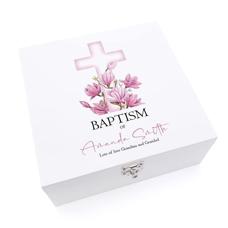 Personalised Baptism Day Wooden Keepsake Memory Box With Pink Cross