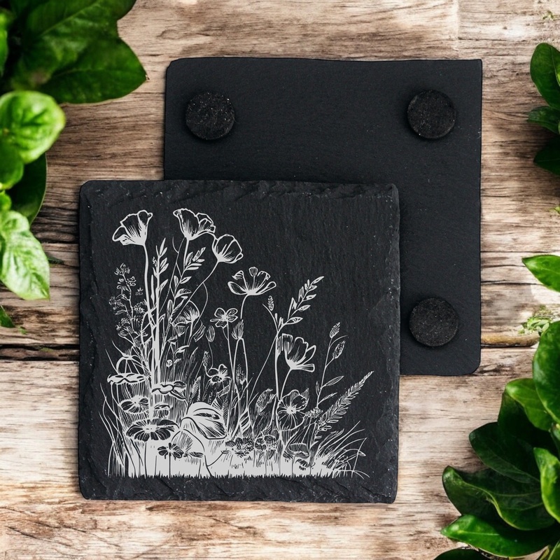 Set of 2 Wildflower Engraved Slate Stone Drink Coasters