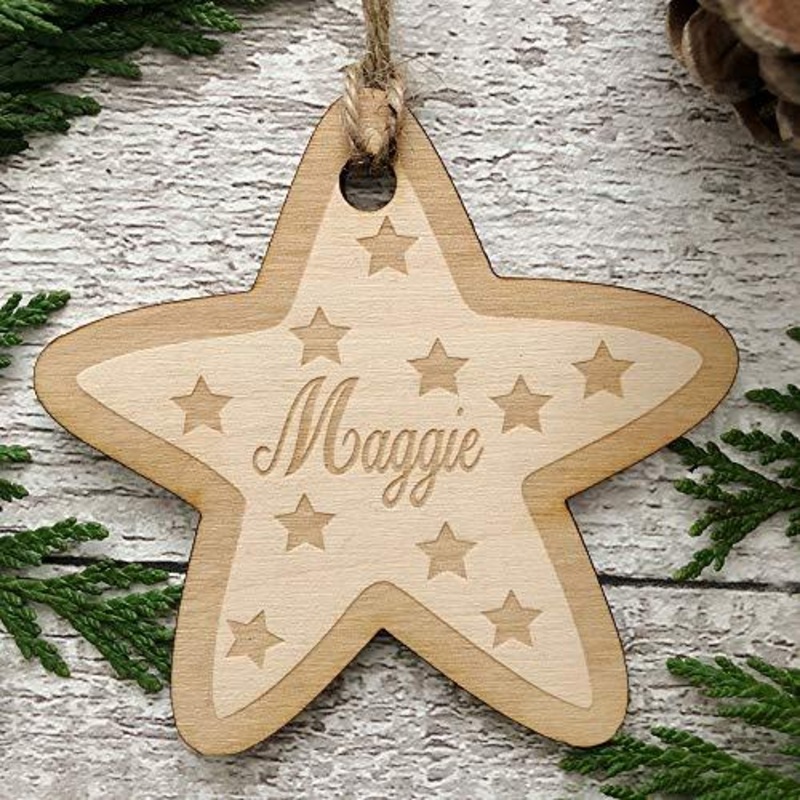 Star Shaped personalised Wooden Christmas Tree Decoration Bauble